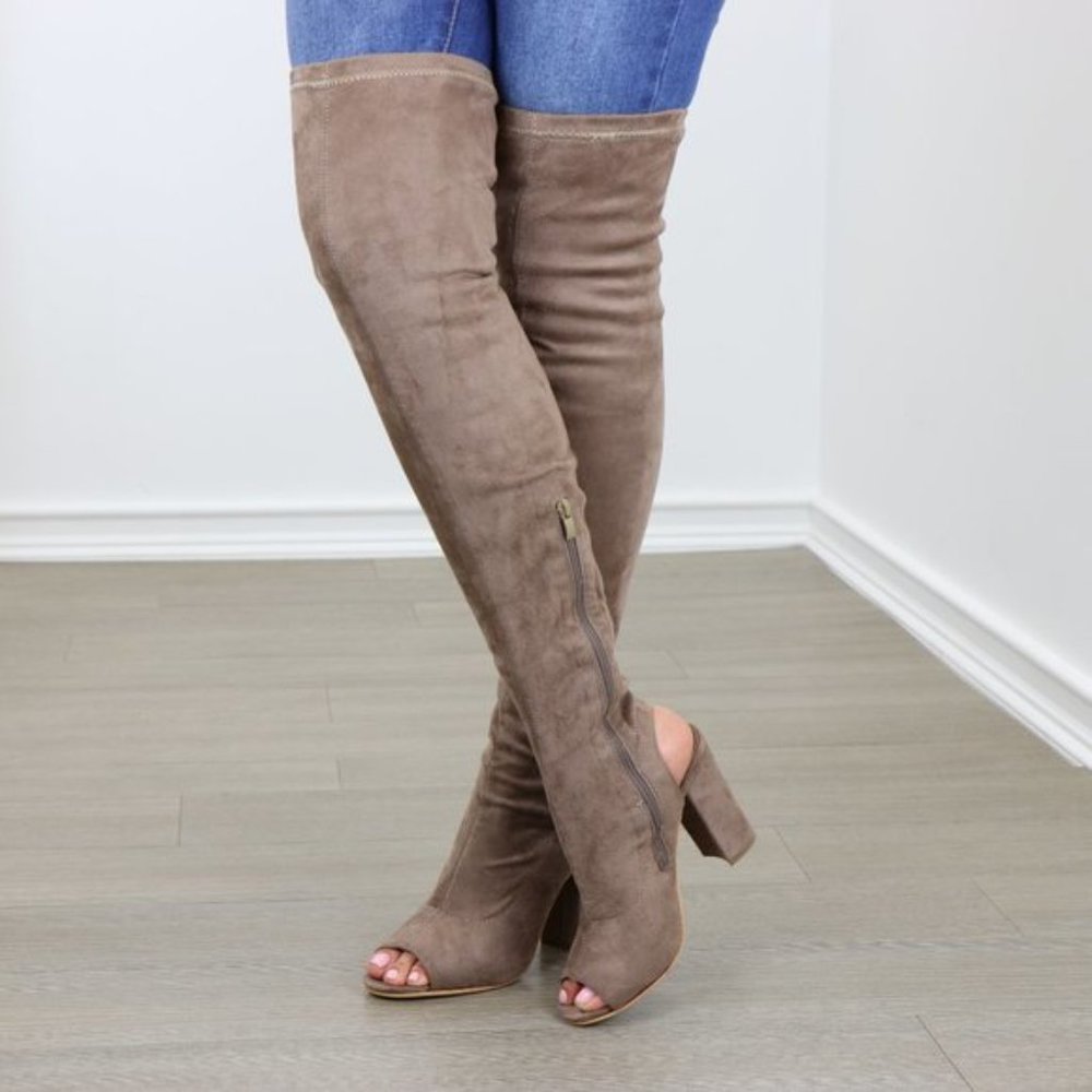 Suede Thigh High Peep Toe & Heel Chunky Heel Boot - Picture 5 of 8